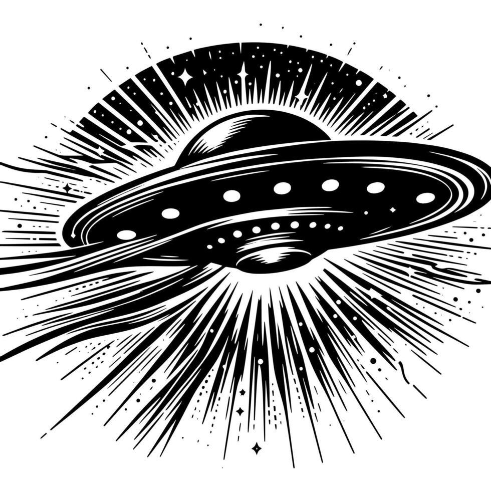 zwart en wit illustratie van een ufo vliegend schotel vector