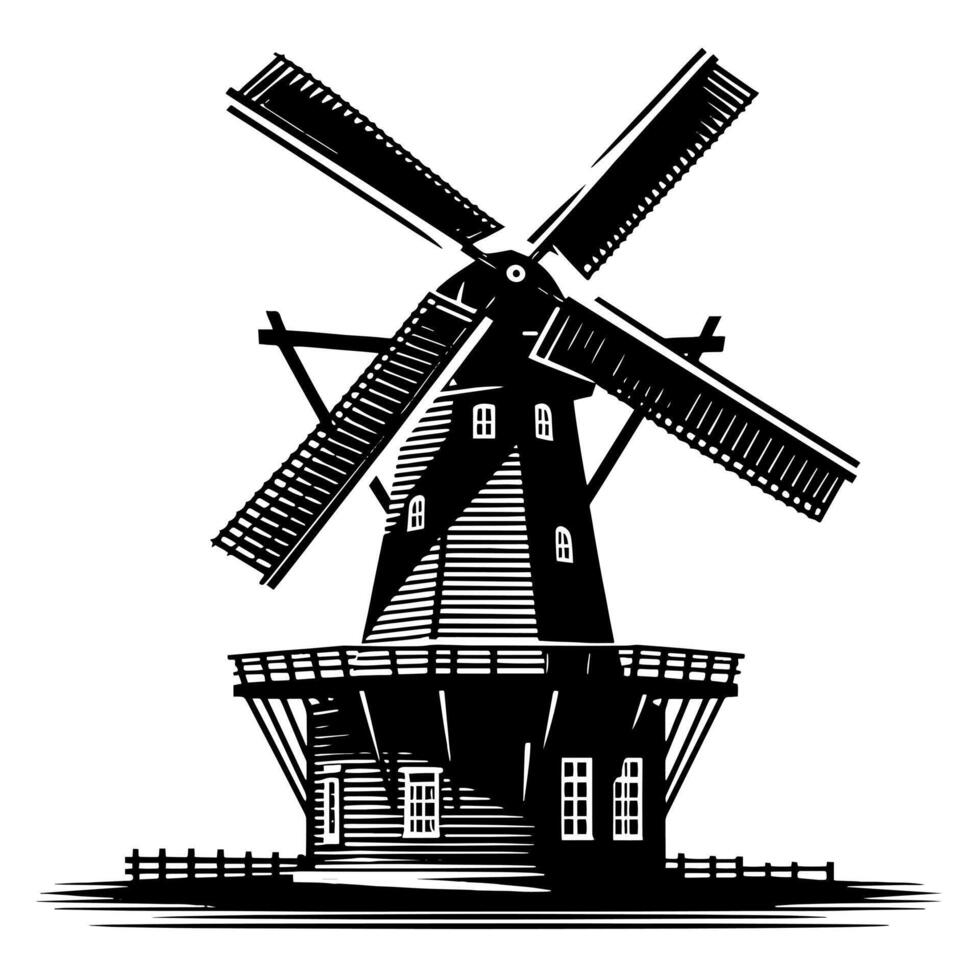 zwart en wit illustratie van een traditioneel oud windmolen in Holland vector