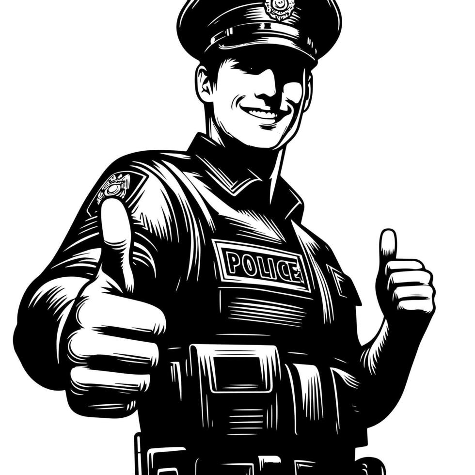 zwart en wit illustratie van een Politie officier wie is tonen de duimen omhoog teken vector
