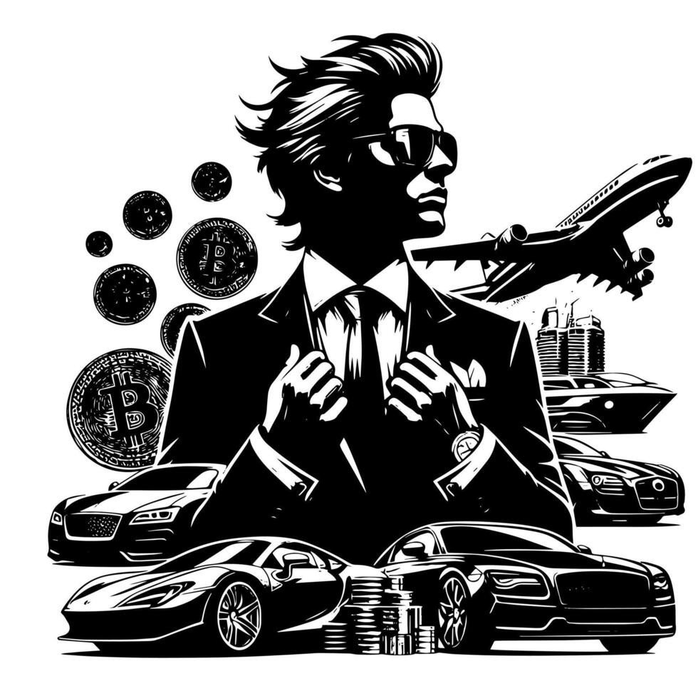 zwart en wit illustratie van een geslaagd bedrijf Mens met geld auto's meisjes en Luxus vector