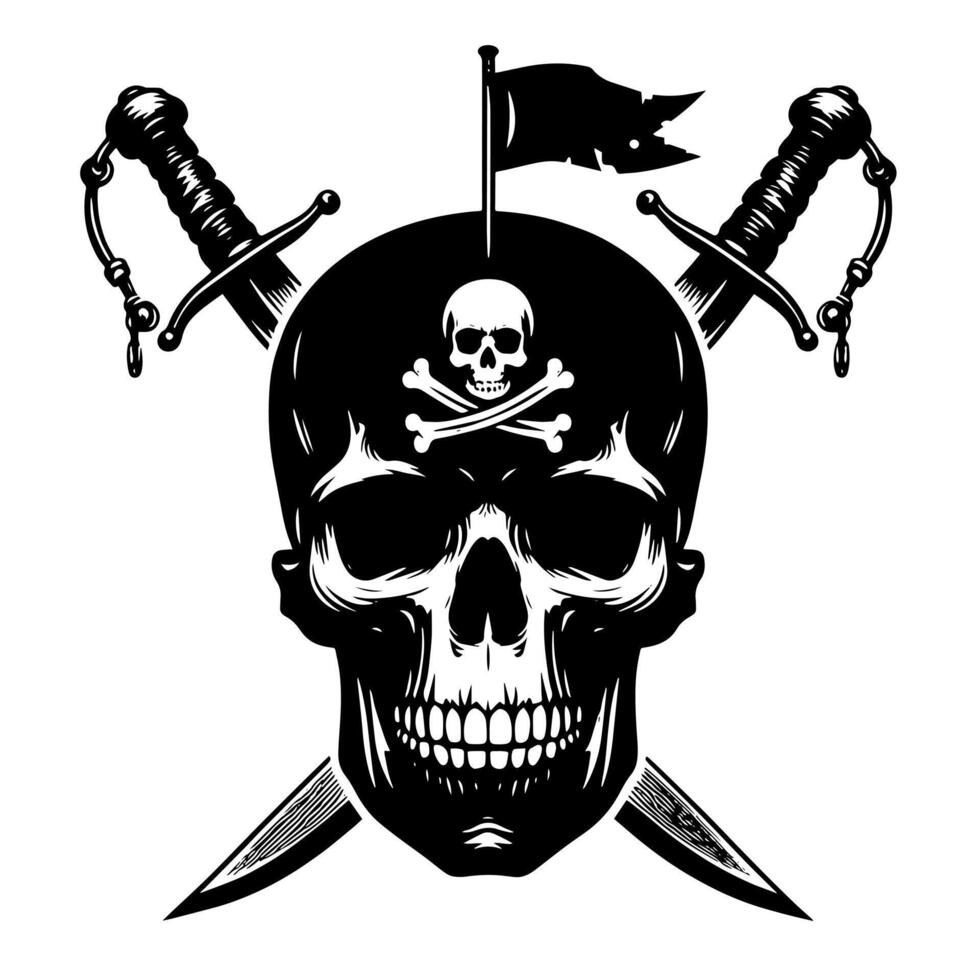 zwart en wit illustratie van piraat symbool met Zwaarden en hoed vector