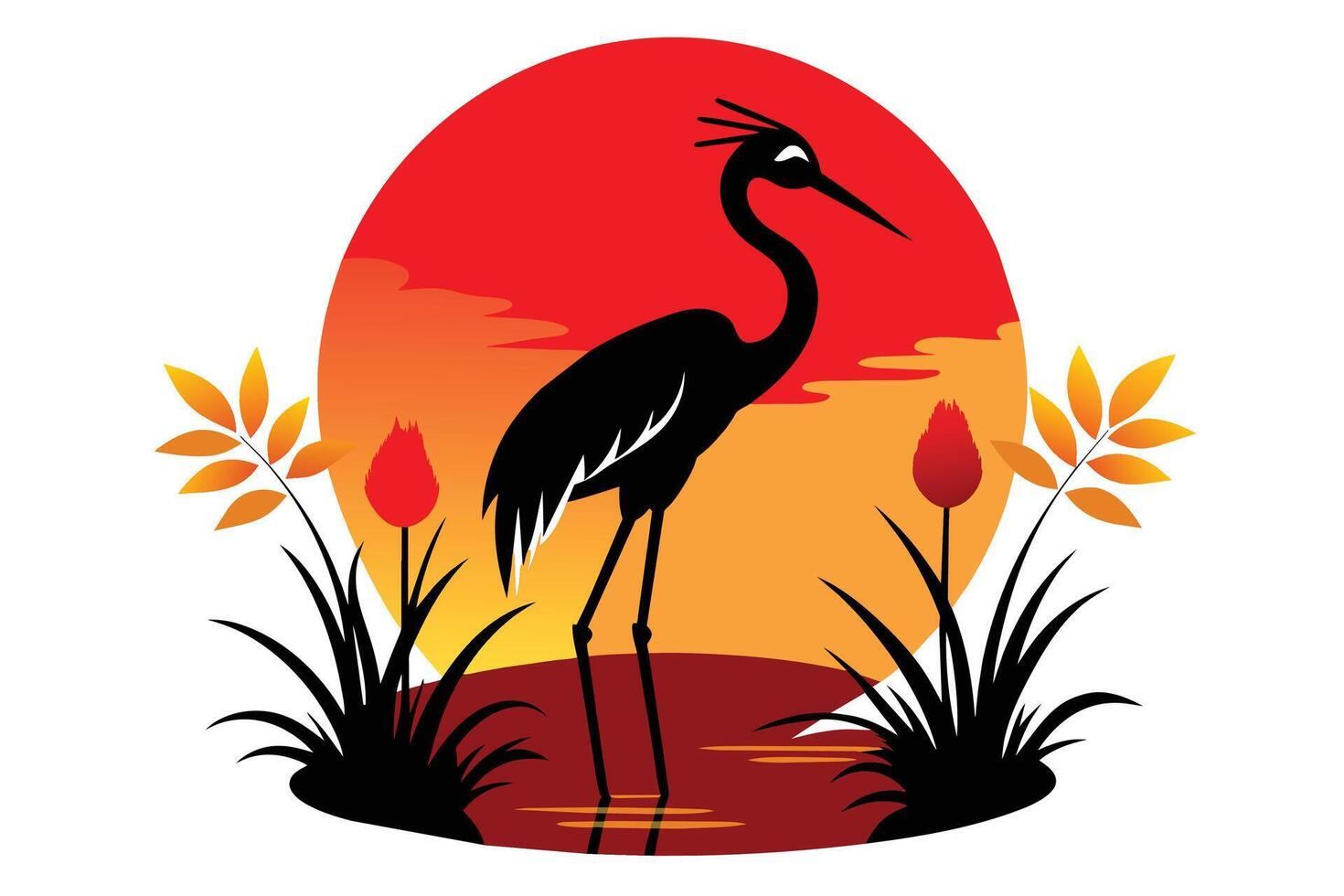 rood gekroond kraan silhouet Bij zonsondergang illustratie vector