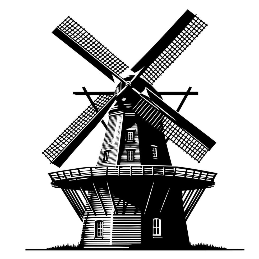 zwart en wit illustratie van een traditioneel oud windmolen in Holland vector