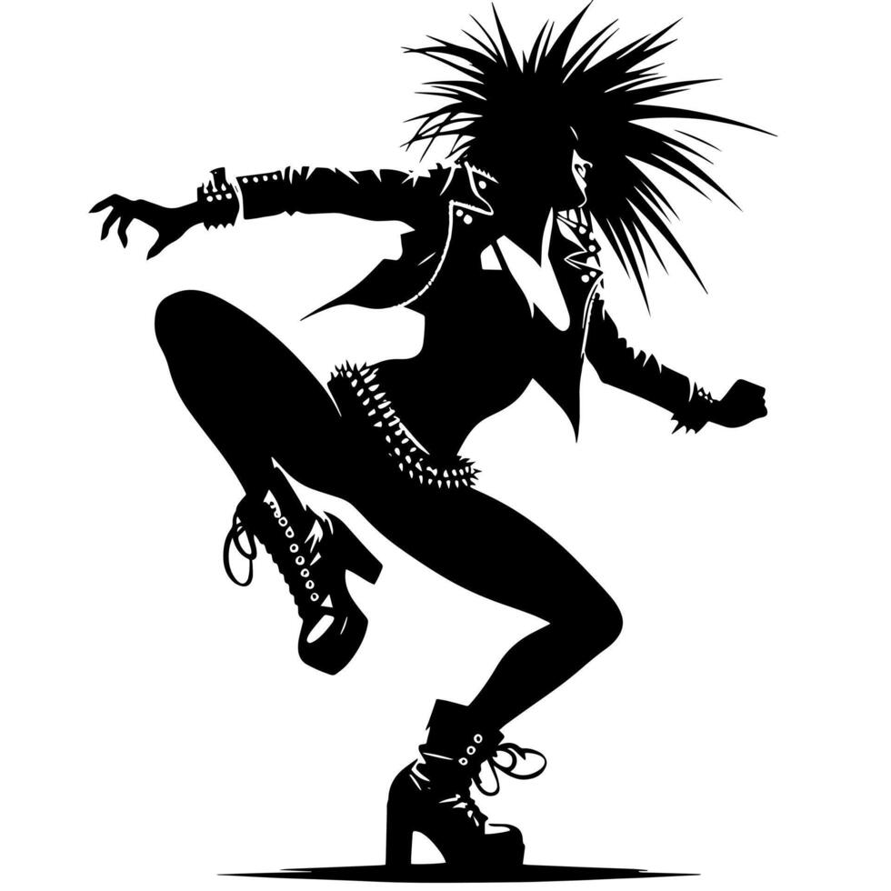 zwart en wit illustratie van een punk- vrouw is dansen en beven in een geslaagd houding vector