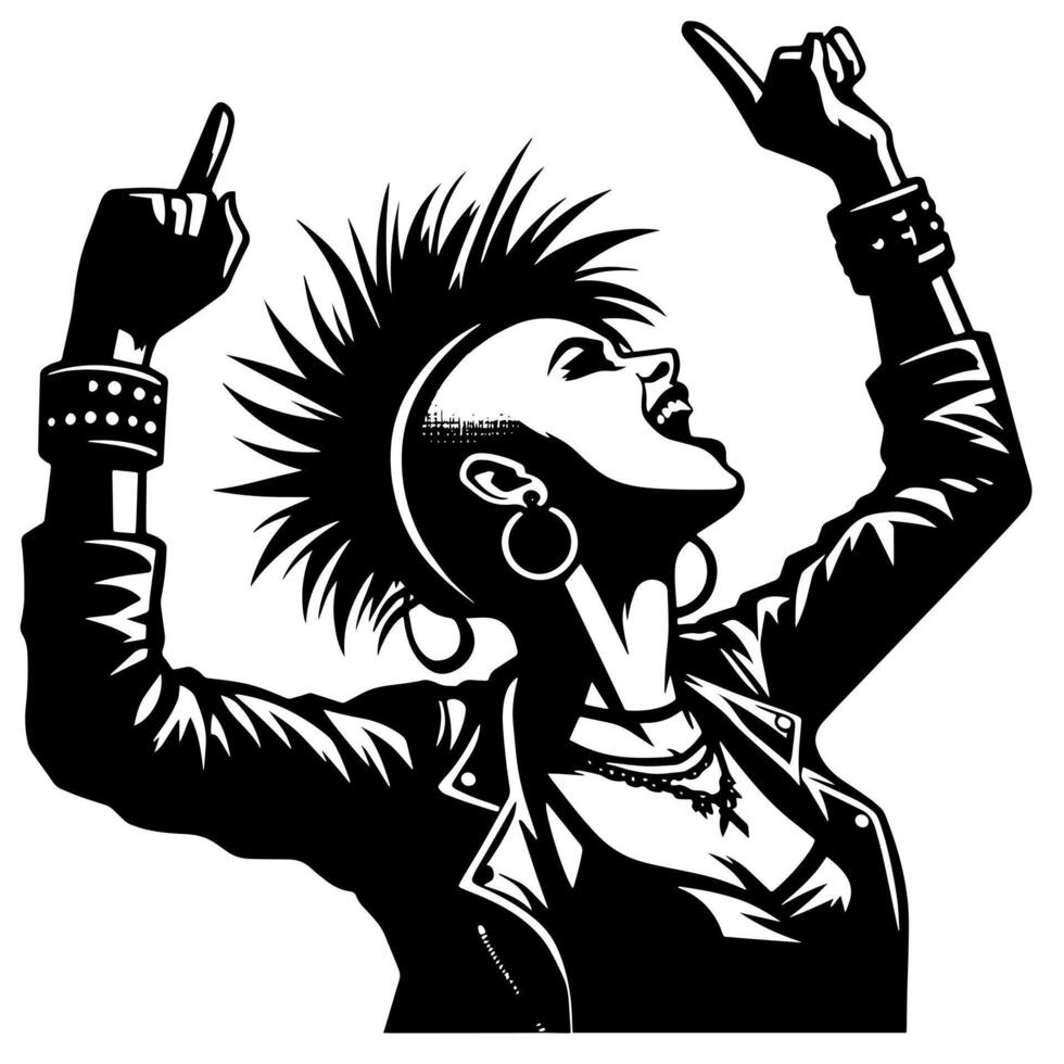 zwart en wit illustratie van een punk- vrouw is dansen en beven in een geslaagd houding vector