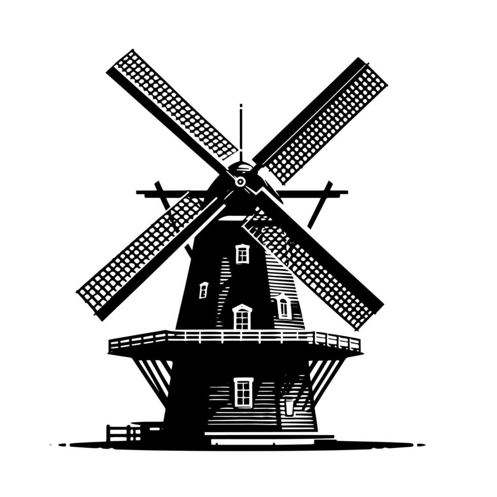 zwart en wit illustratie van een traditioneel oud windmolen in Holland vector