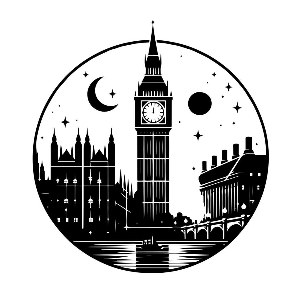 zwart en wit illustratie van groot ben toren in Londen vector