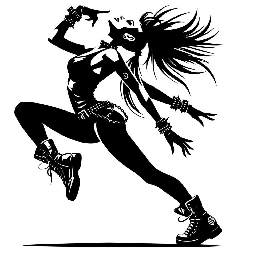 zwart en wit illustratie van een punk- vrouw is dansen en beven in een geslaagd houding vector