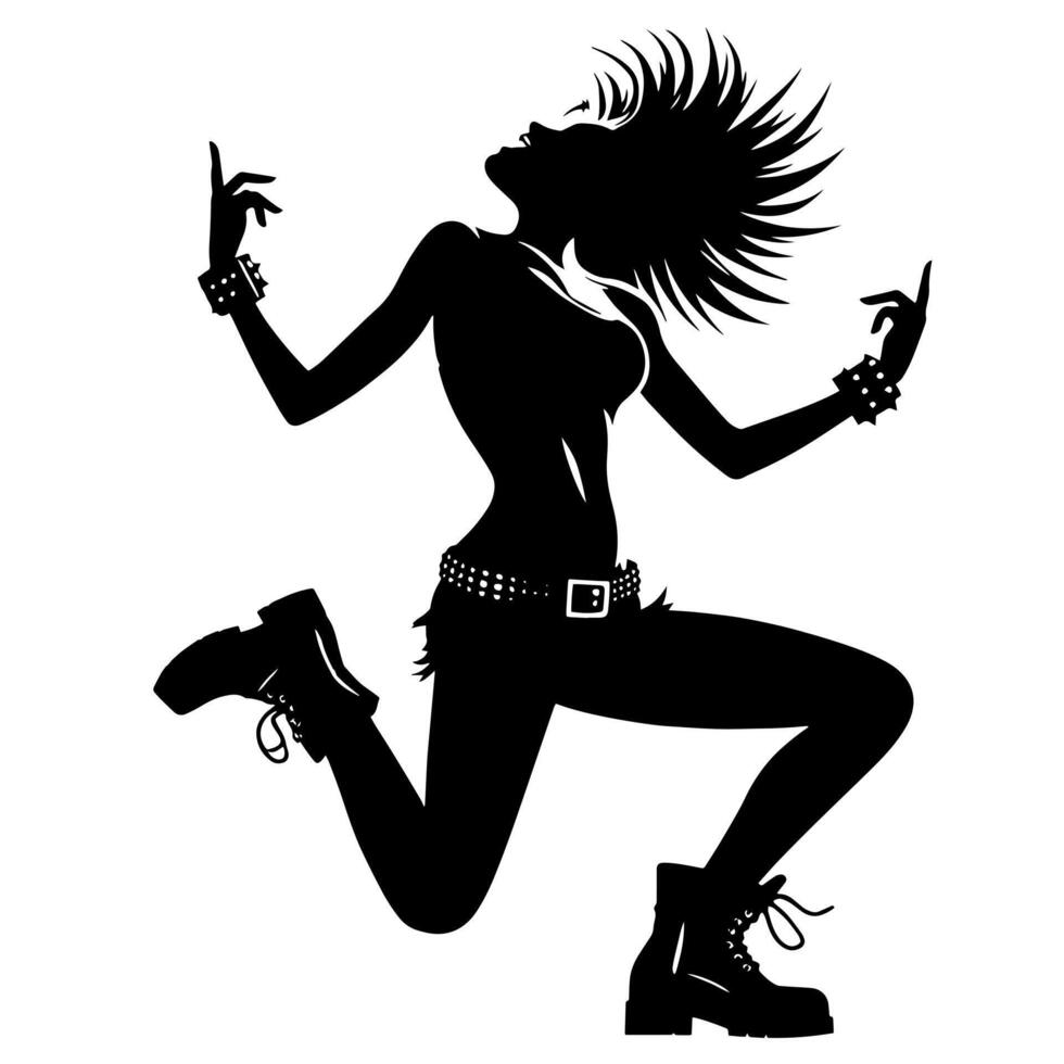 zwart en wit illustratie van een punk- vrouw is dansen en beven in een geslaagd houding vector