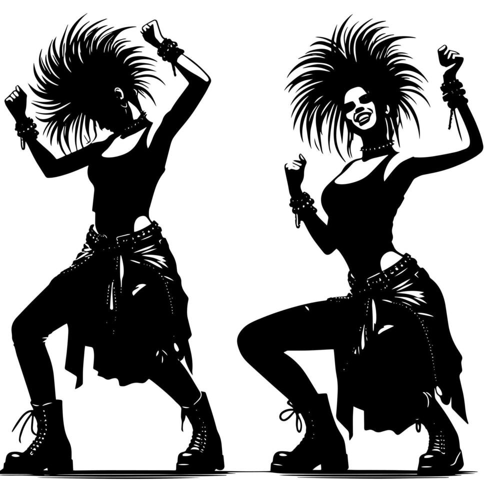 zwart en wit illustratie van een punk- vrouw is dansen en beven in een geslaagd houding vector