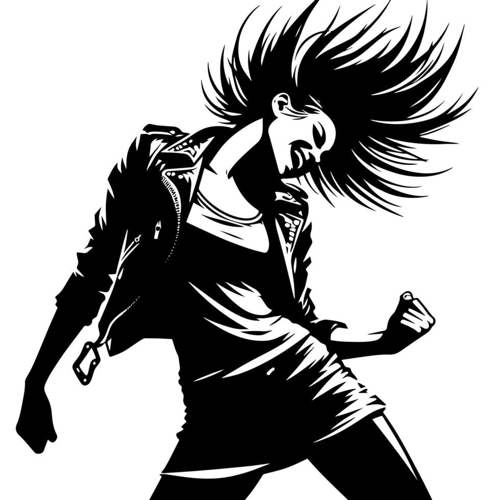 zwart en wit illustratie van een punk- vrouw is dansen en beven in een geslaagd houding vector