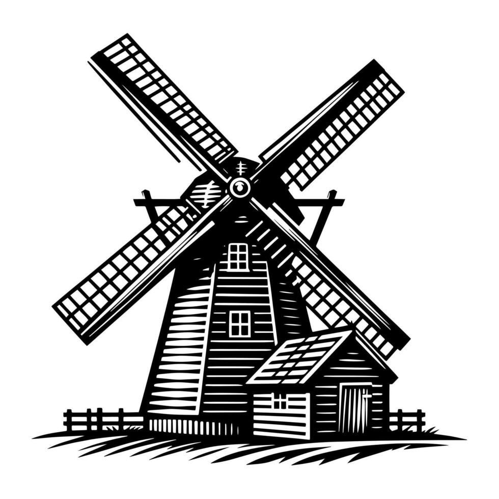 zwart en wit illustratie van een traditioneel oud windmolen in Holland vector