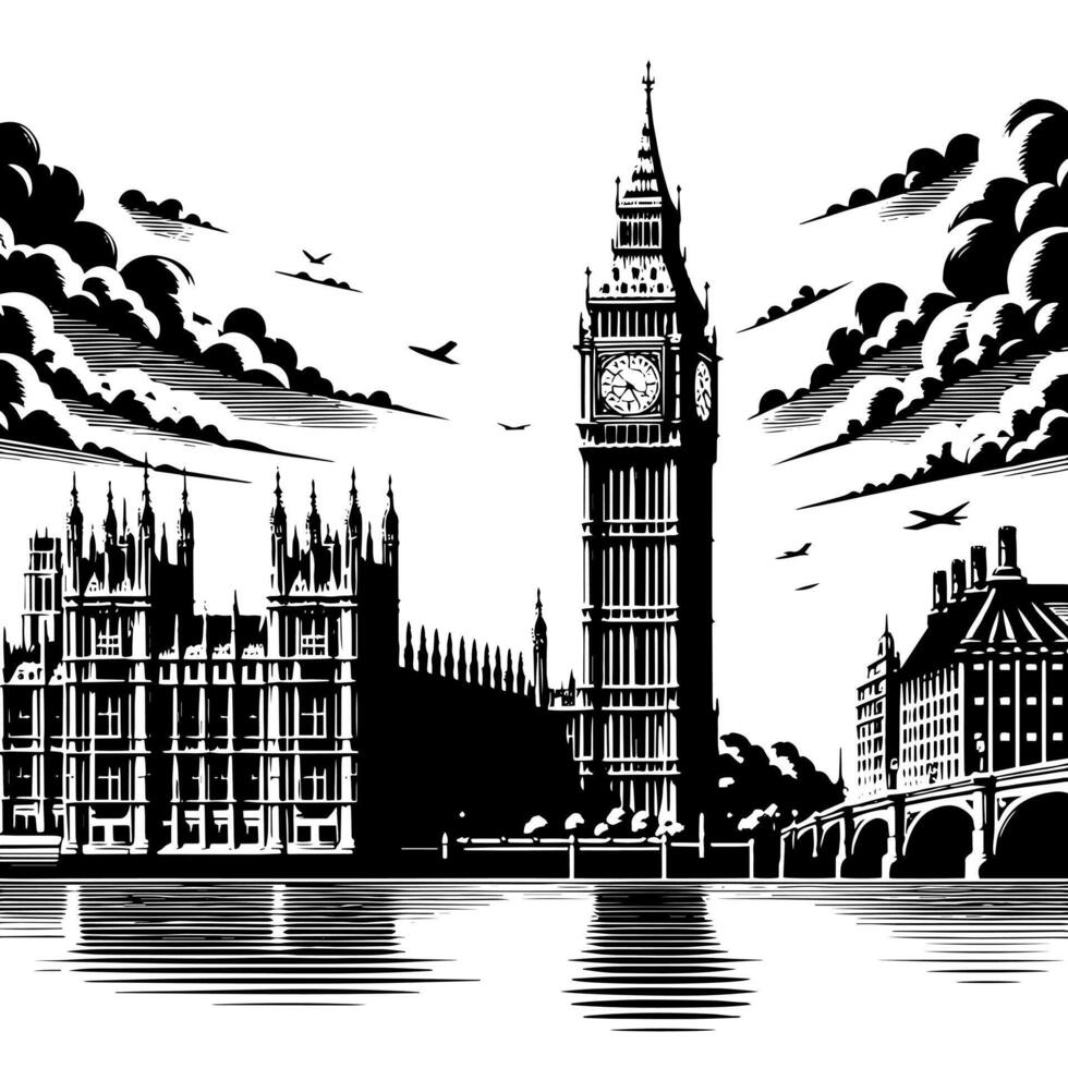 zwart en wit illustratie van groot ben toren in Londen vector