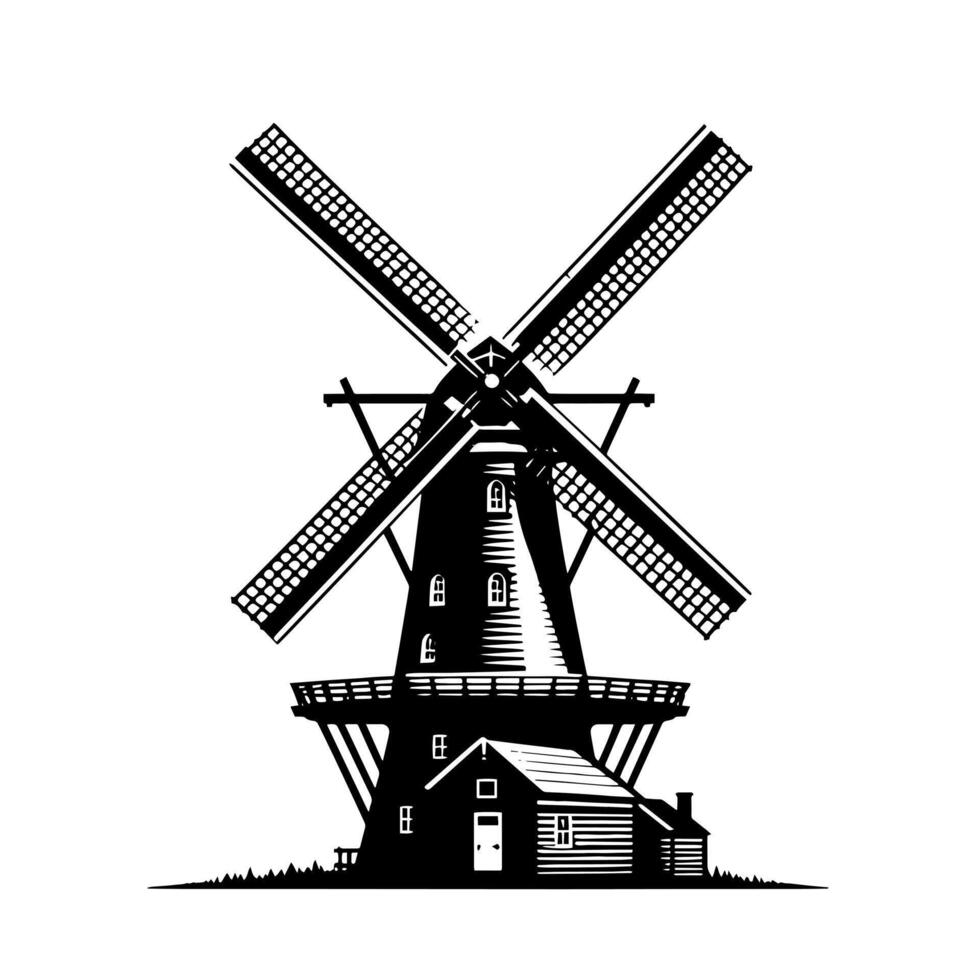 zwart en wit illustratie van een traditioneel oud windmolen in Holland vector