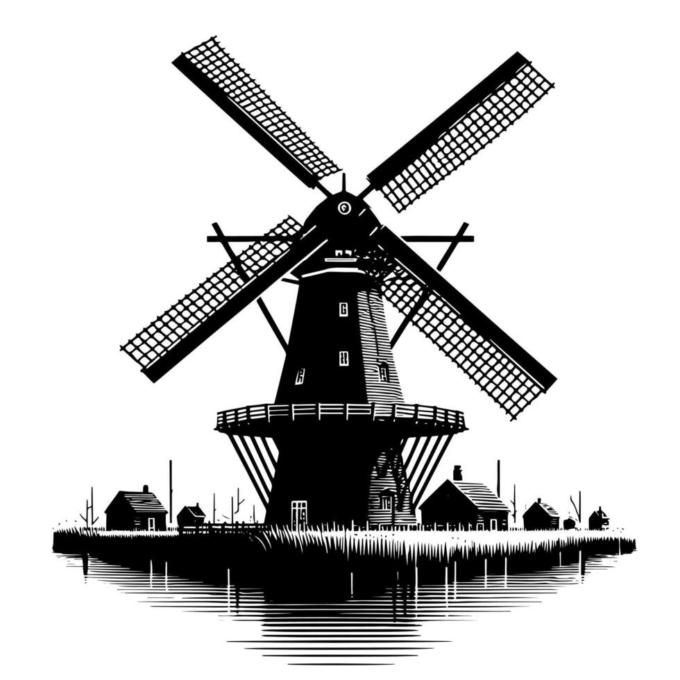 zwart en wit illustratie van een traditioneel oud windmolen in Holland vector