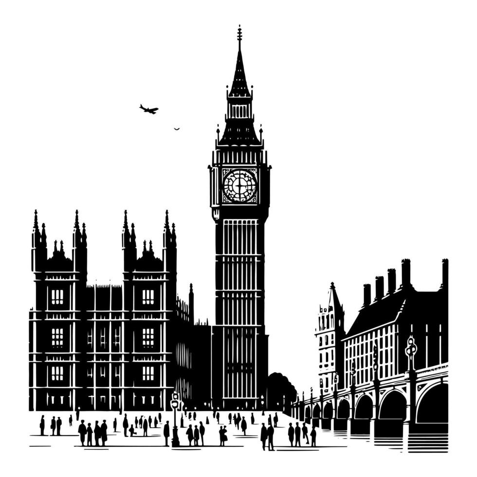 zwart en wit illustratie van groot ben toren in Londen vector