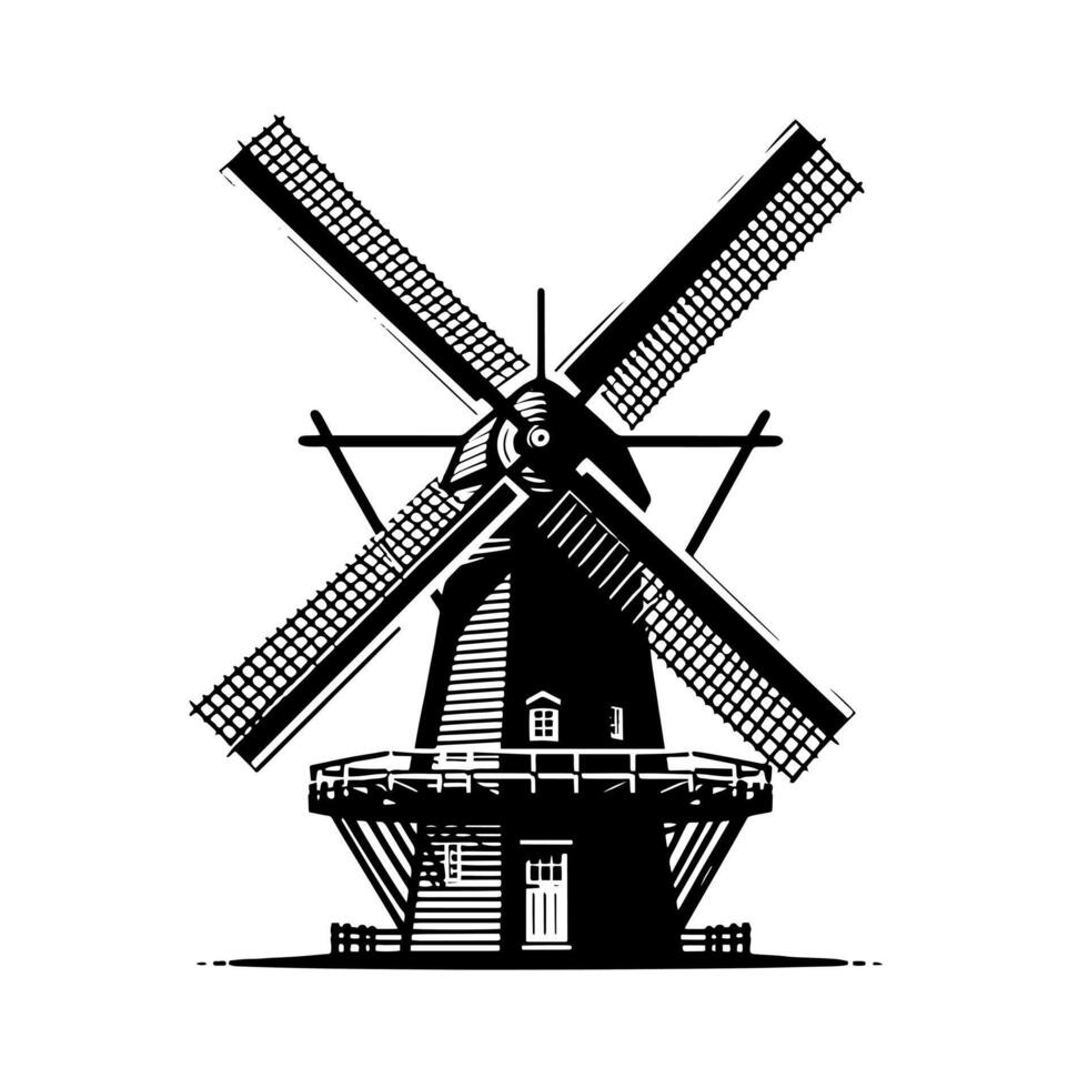 zwart en wit illustratie van een traditioneel oud windmolen in Holland vector