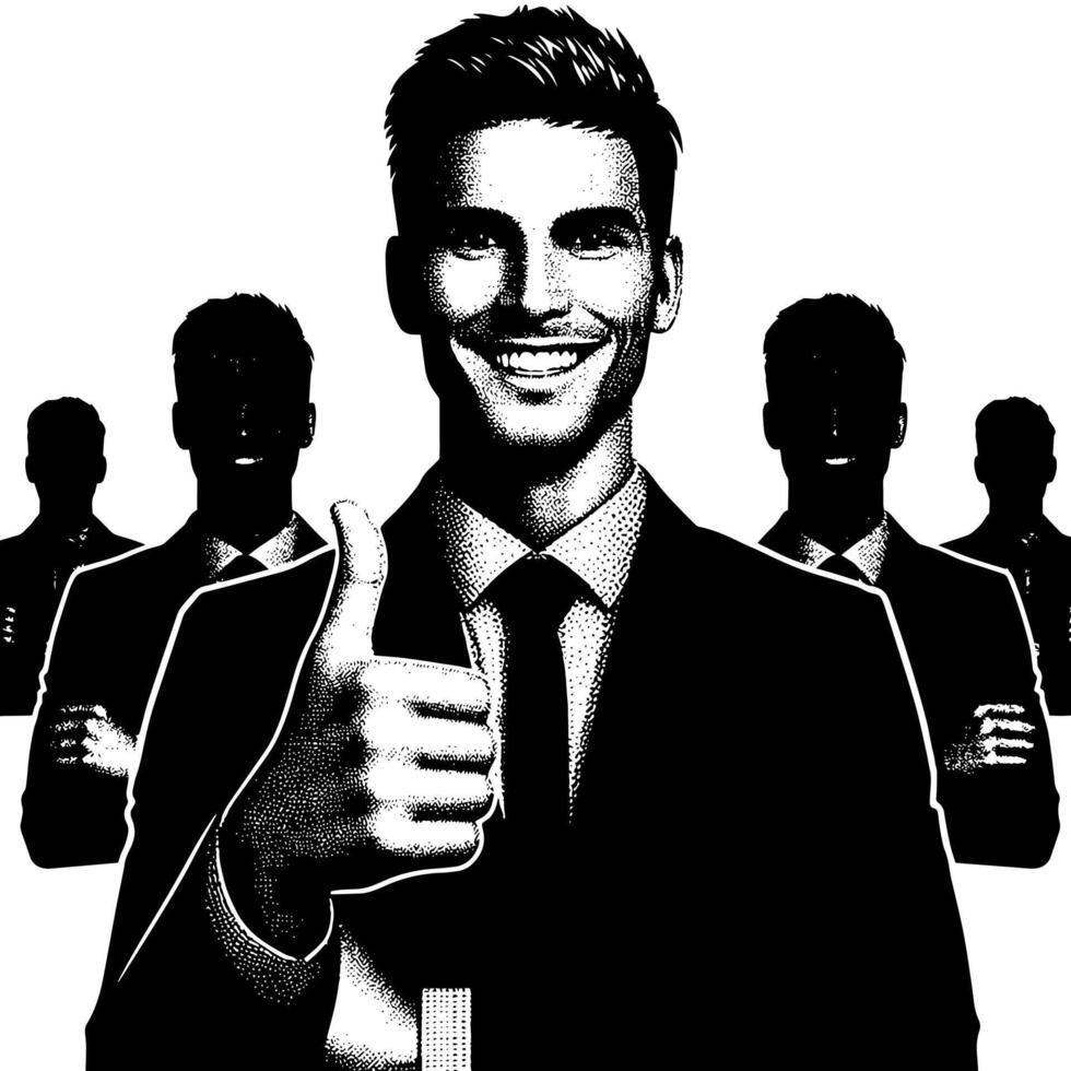 zwart en wit illustratie van een Mens in bedrijf pak is tonen de duimen omhoog teken vector