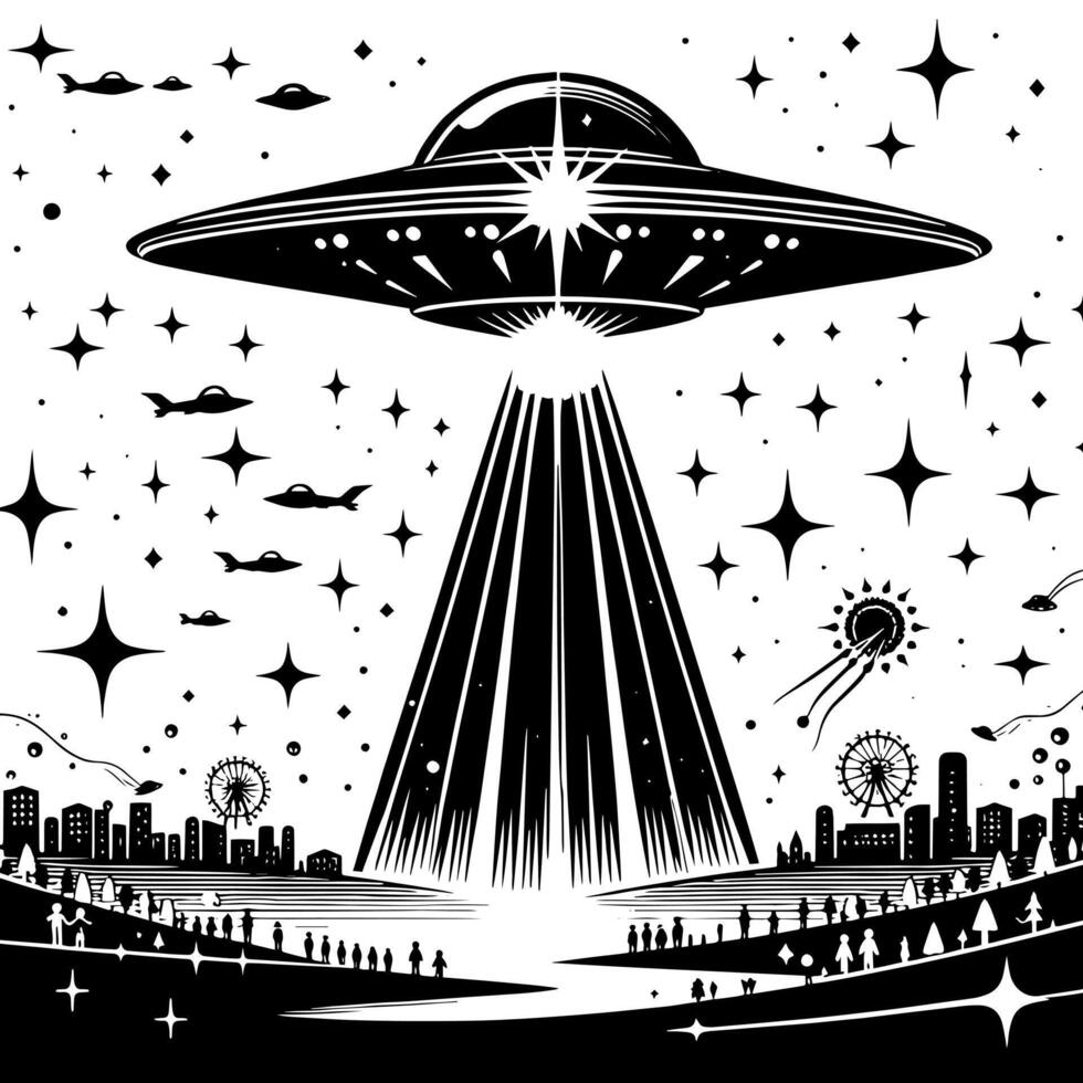 zwart en wit illustratie van een ufo vliegend schotel vector