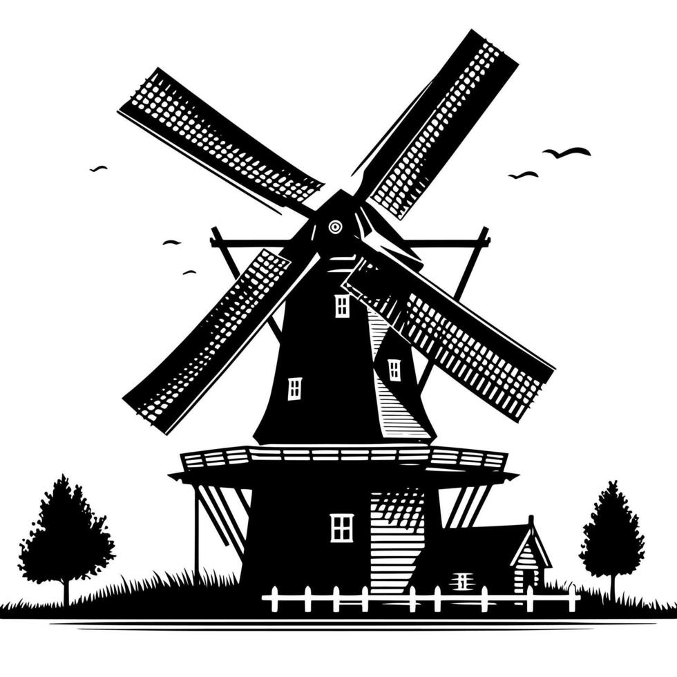 zwart en wit illustratie van een traditioneel oud windmolen in Holland vector