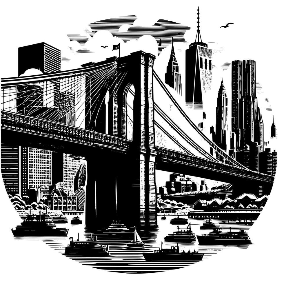 zwart en wit illustratie van Brooklyn brug in nieuw york stad Manhattan vector