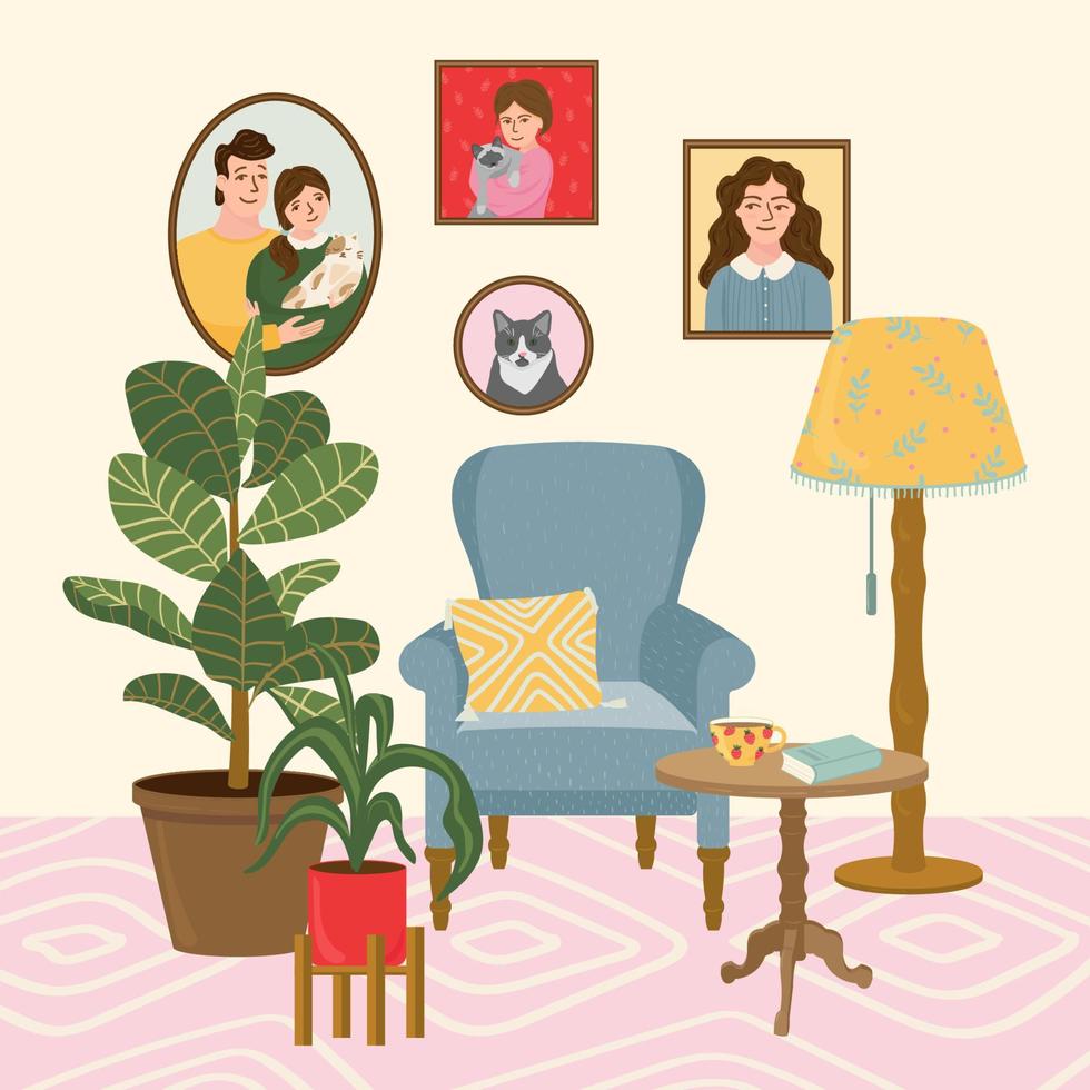 gezellige woonkamer platte cartoon afbeelding. meubelbank, tafel, lamp, tapijt, ingemaakte bloemen, foto- en decoraccessoires. vector