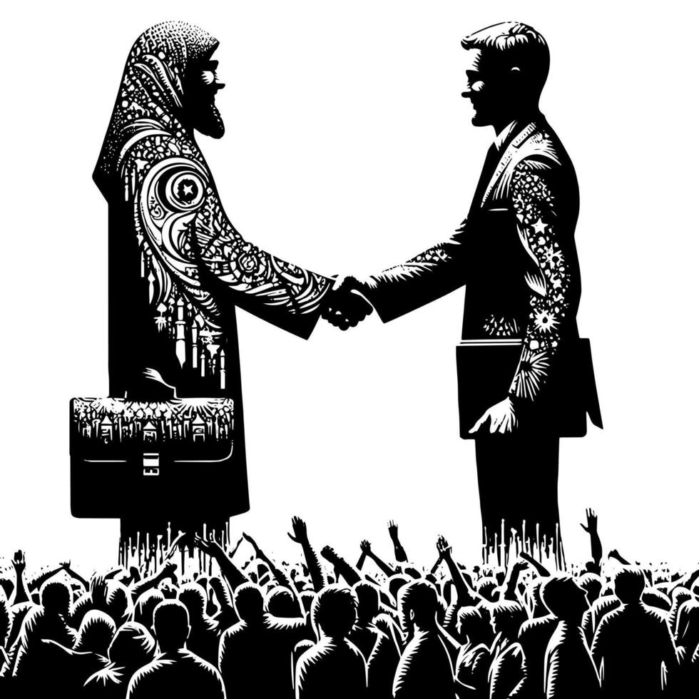 zwart en wit illustratie van een handdruk tussen twee bedrijf mannen in pakken vector
