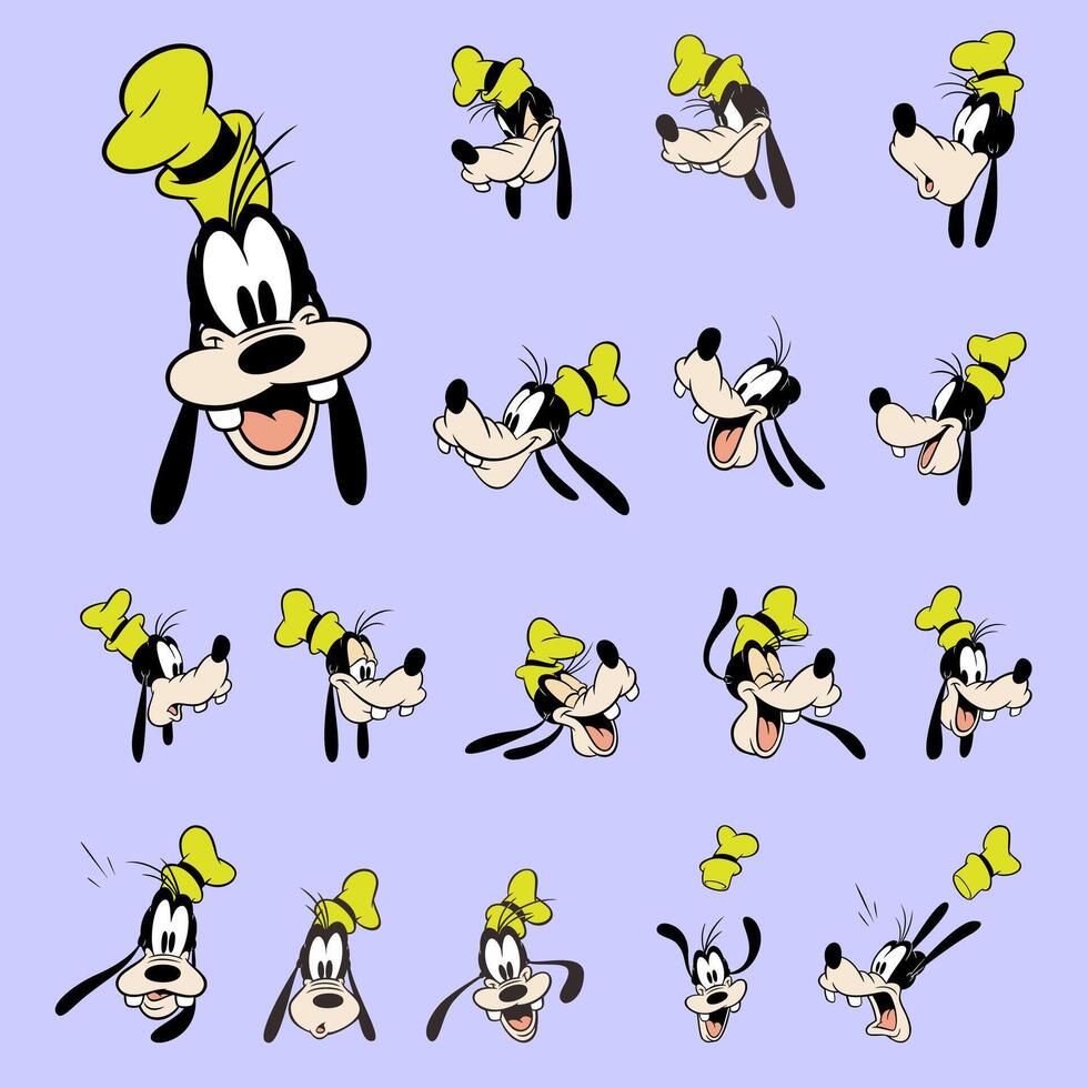 Disney geanimeerd tekens reeks goofy gezicht uitdrukking tekenfilm vector