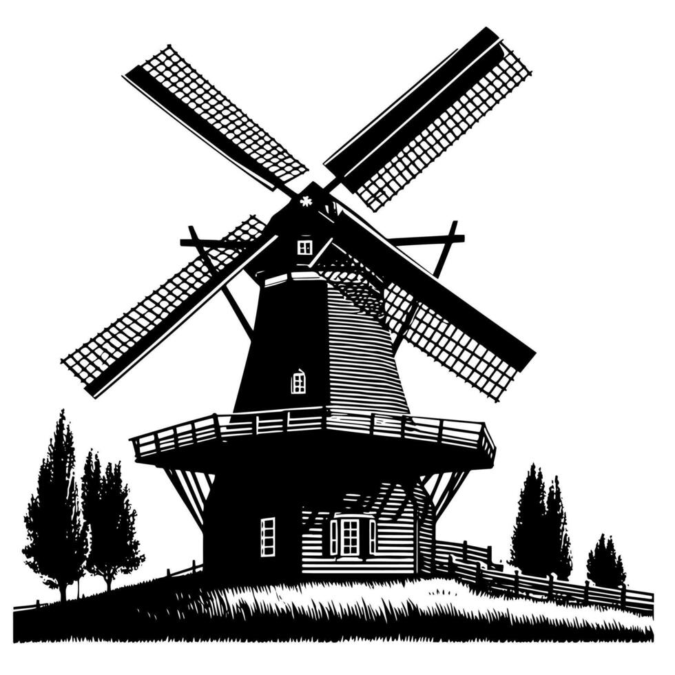 zwart en wit illustratie van een traditioneel oud windmolen in Holland vector