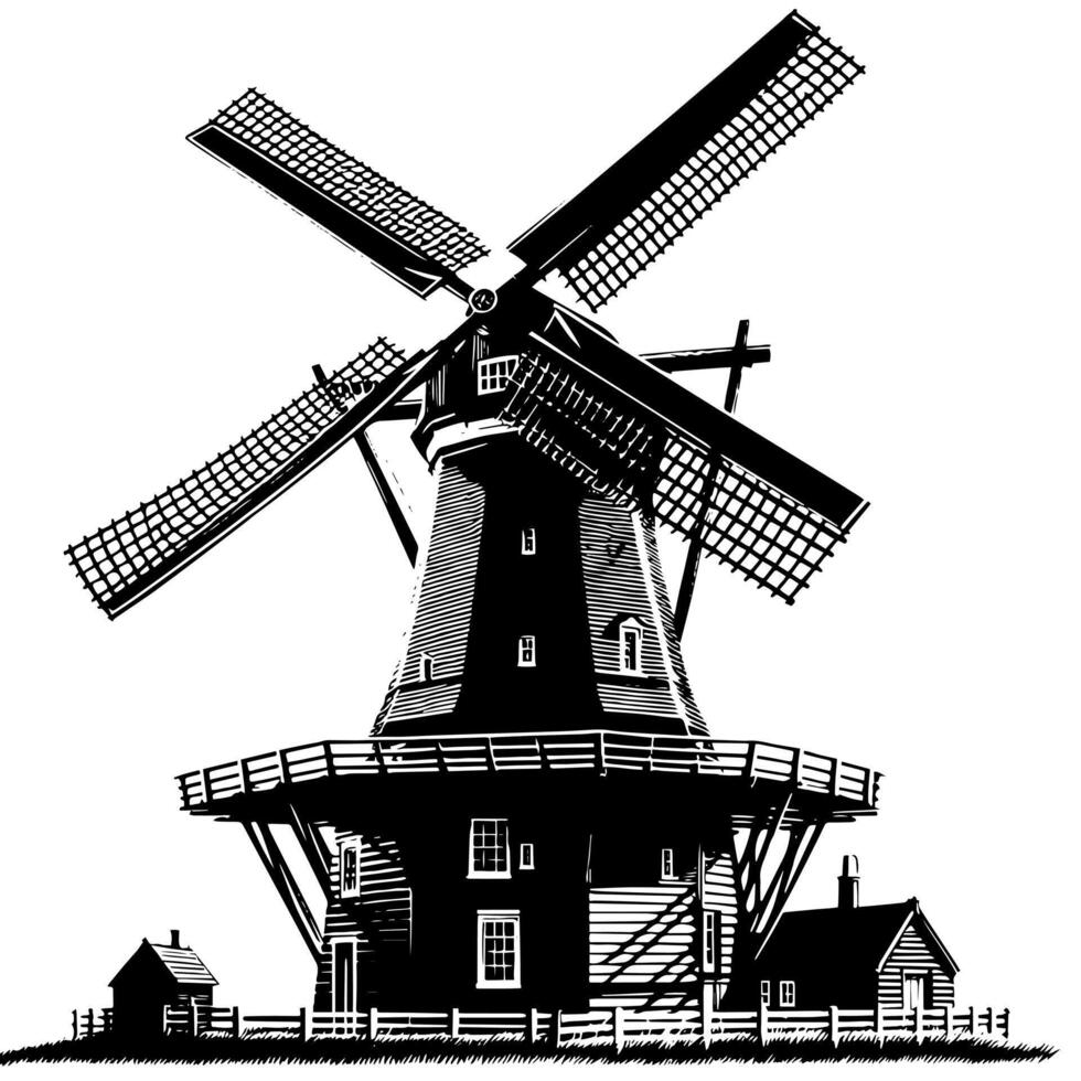 zwart en wit illustratie van een traditioneel oud windmolen in Holland vector