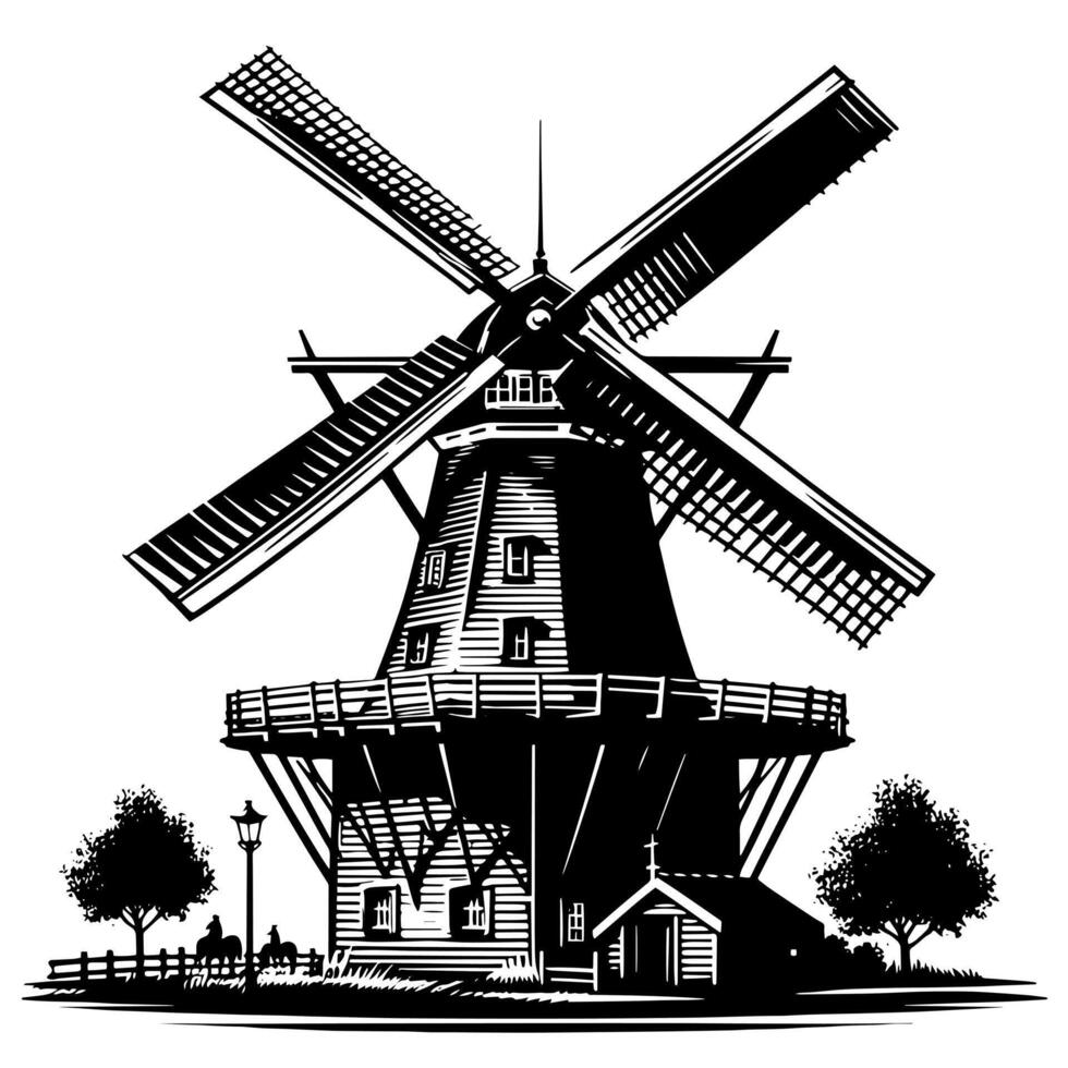 zwart en wit illustratie van een traditioneel oud windmolen in Holland vector