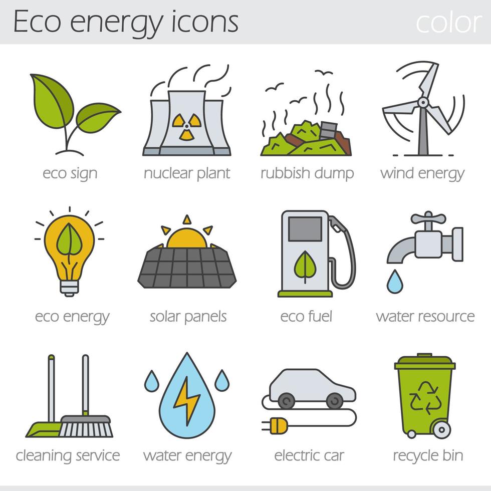 eco energie kleur pictogrammen instellen. elektrische auto, kerncentrale, vuilnisbelt, windenergie, zonnepanelen, groene energie, waterbron, biobrandstof, schoonmaakservice, prullenbak. geïsoleerde vectorillustraties vector