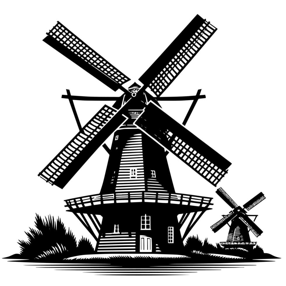 zwart en wit illustratie van een traditioneel oud windmolen in Holland vector