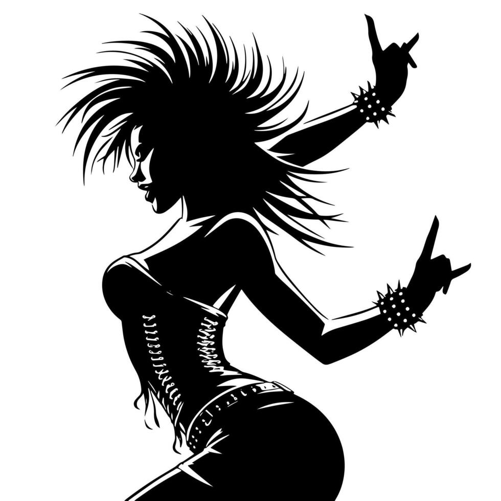 zwart en wit illustratie van een punk- vrouw is dansen en beven in een geslaagd houding vector