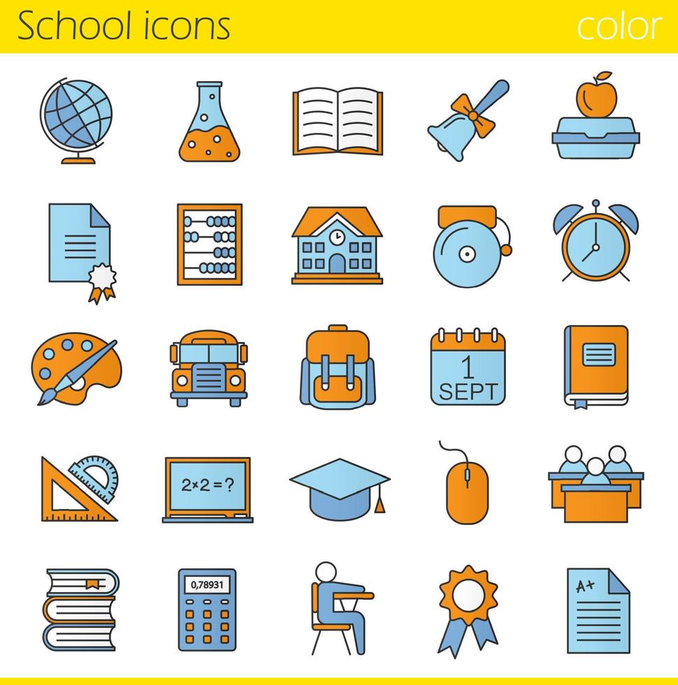 school gekleurde pictogrammen instellen. klassenregister, rekenmachine, leerlingen, schoolbus, bel en gebouw. open leerboek, diploma, lunchbox, linialen, rugzak, kalender en academische pet. geïsoleerde vectorillustraties vector