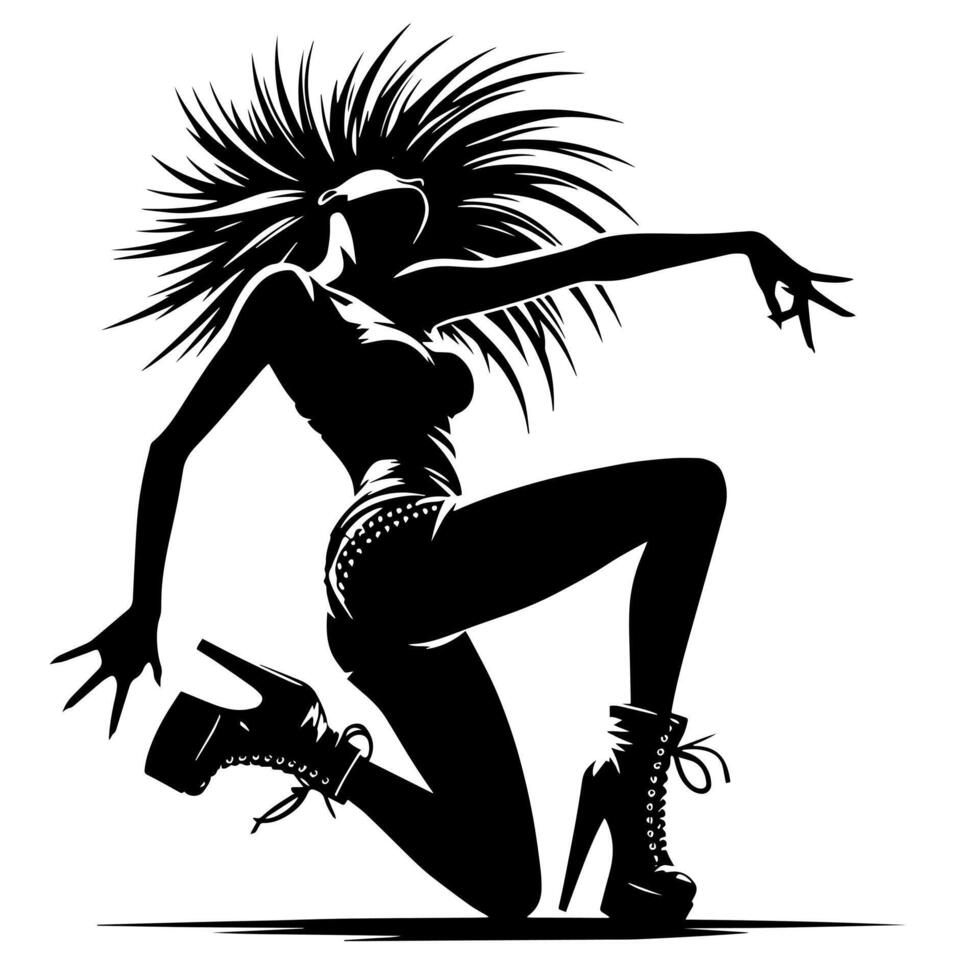 zwart en wit illustratie van een punk- vrouw is dansen en beven in een geslaagd houding vector