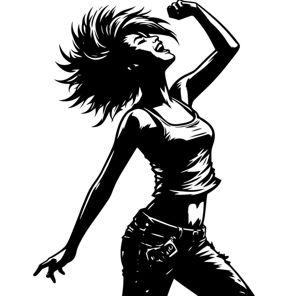 zwart en wit illustratie van een punk- vrouw is dansen en beven in een geslaagd houding vector