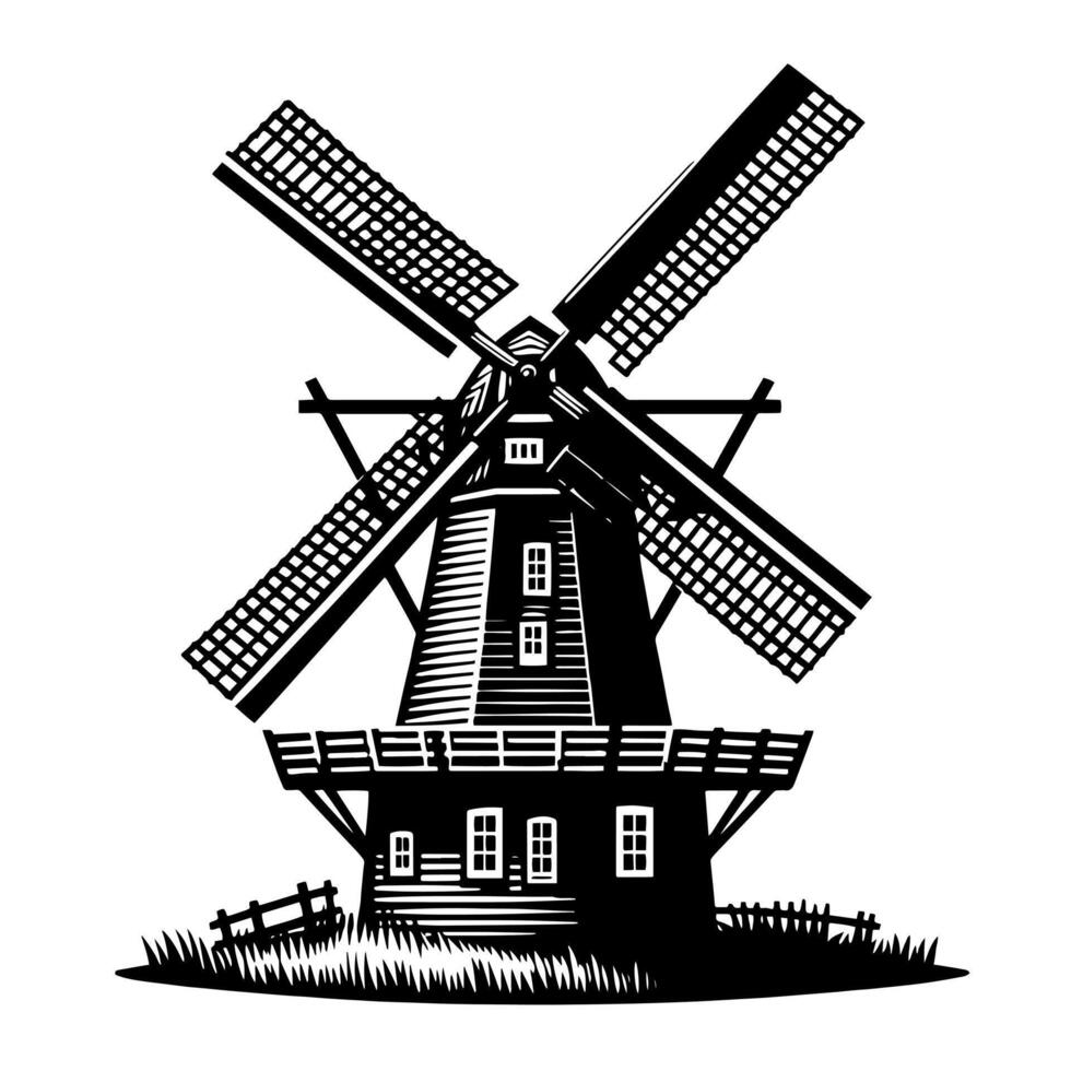 zwart en wit illustratie van een traditioneel oud windmolen in Holland vector