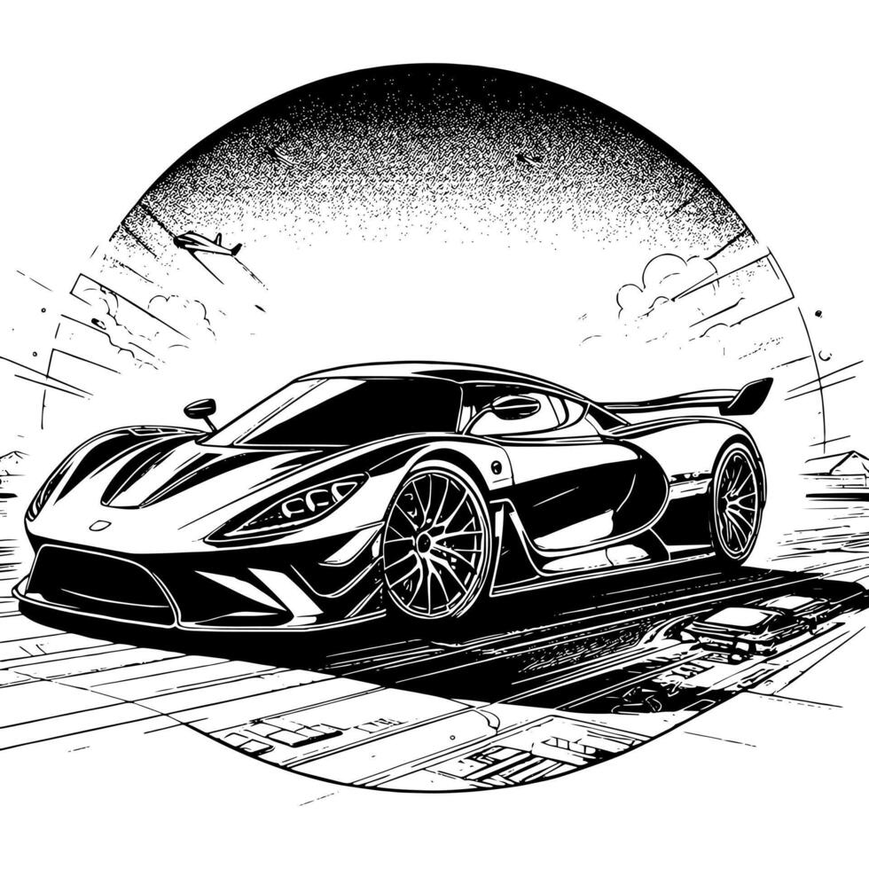 zwart en wit illustratie van een hypercar sport- auto vector