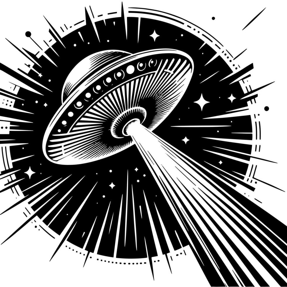 zwart en wit illustratie van een ufo vliegend schotel vector