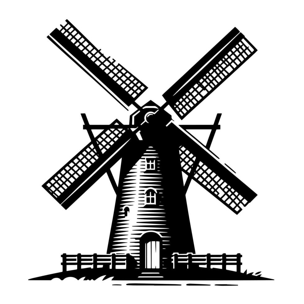 zwart en wit illustratie van een traditioneel oud windmolen in Holland vector