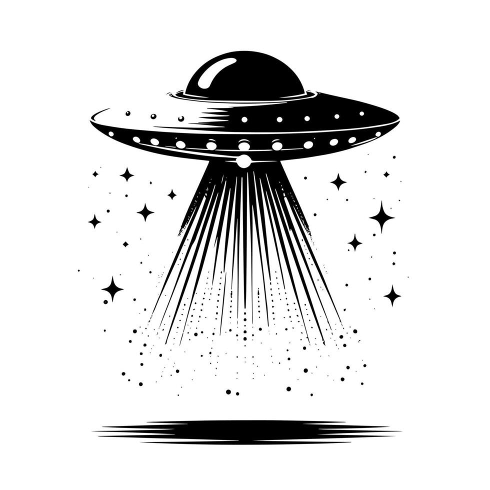 zwart en wit illustratie van een ufo vliegend schotel vector