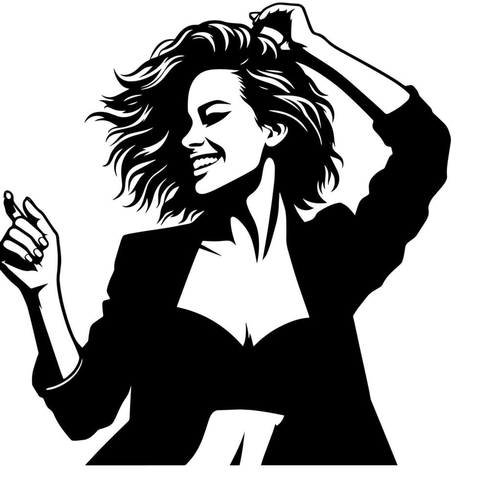 zwart en wit illustratie van een vrouw in bedrijf pak is dansen en beven in een geslaagd houding vector