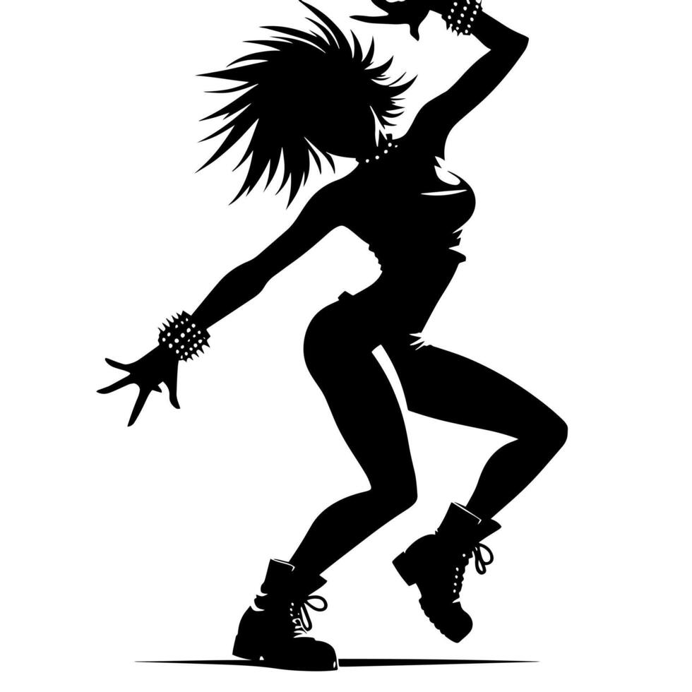 zwart en wit illustratie van een punk- vrouw is dansen en beven in een geslaagd houding vector