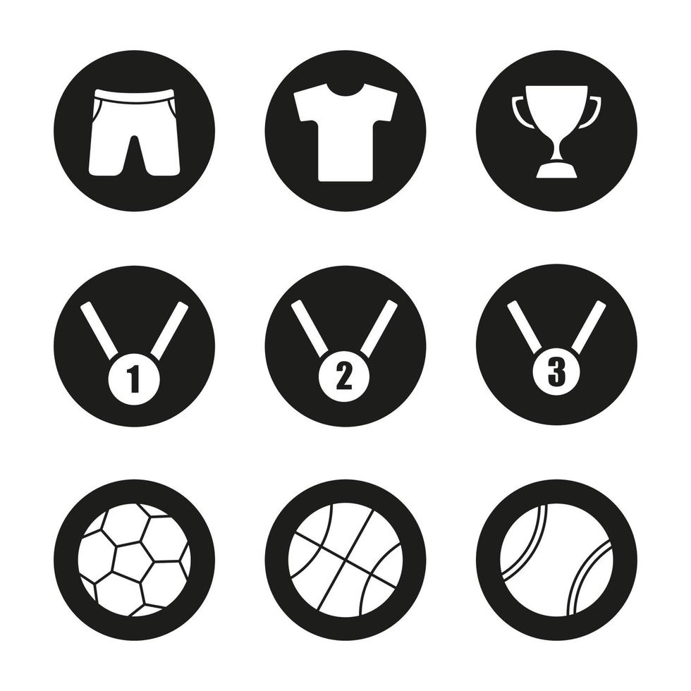 sportuitrusting pictogrammen instellen. winnaar beker, gouden, zilveren en bronzen medailles. basketbal, tennis en voetballen, t-shirt en korte broek. vector witte silhouetten illustraties in zwarte cirkels