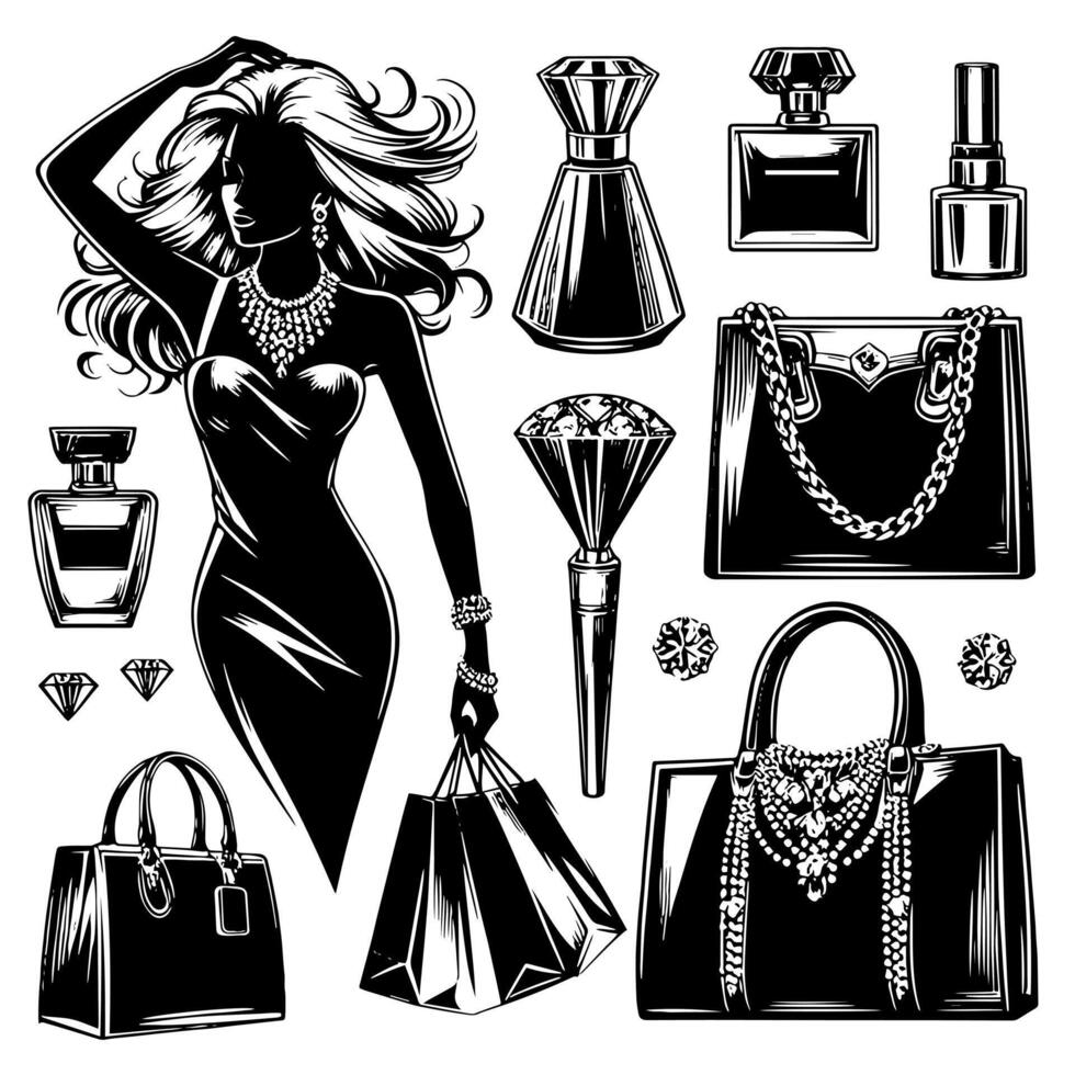 zwart en wit illustratie van een Lucky luxueus boodschappen doen dame met Tassen en diamanten en parfum vector