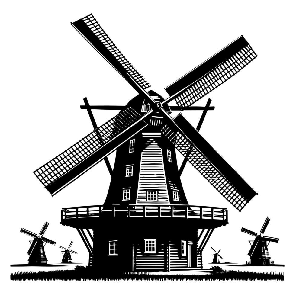 zwart en wit illustratie van een traditioneel oud windmolen in Holland vector