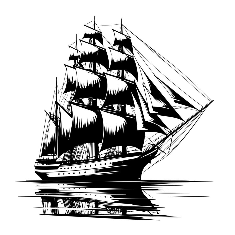 zwart en wit illustratie van een traditioneel oud het zeilen schip vector