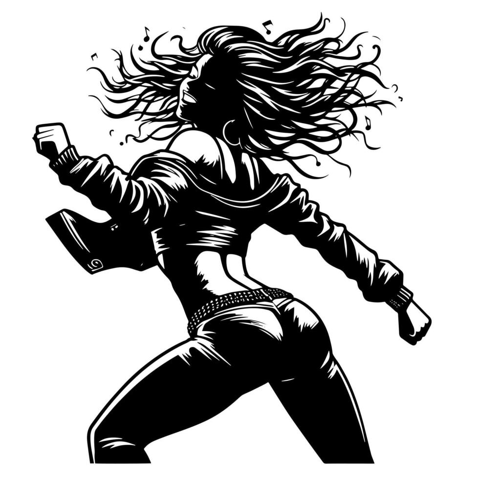 zwart en wit illustratie van een punk- vrouw is dansen en beven in een geslaagd houding vector