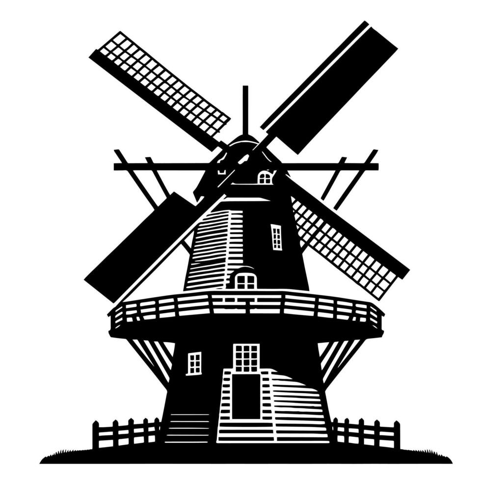 zwart en wit illustratie van een traditioneel oud windmolen in Holland vector